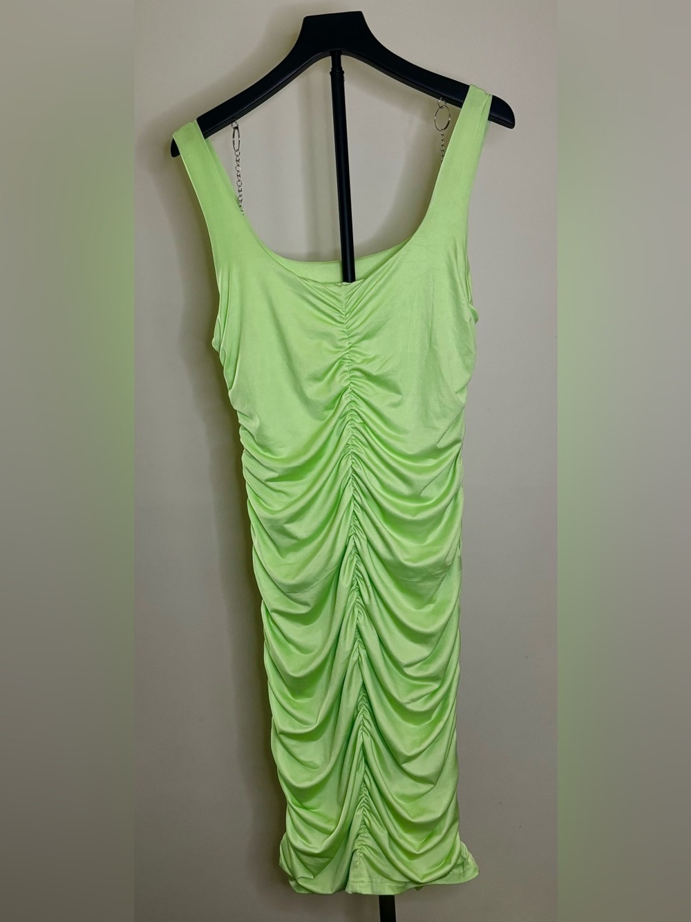 Neon Green Ruched Bodycon Midi Dress Sleeveless Tank Square Neck - Picture 4 of 7